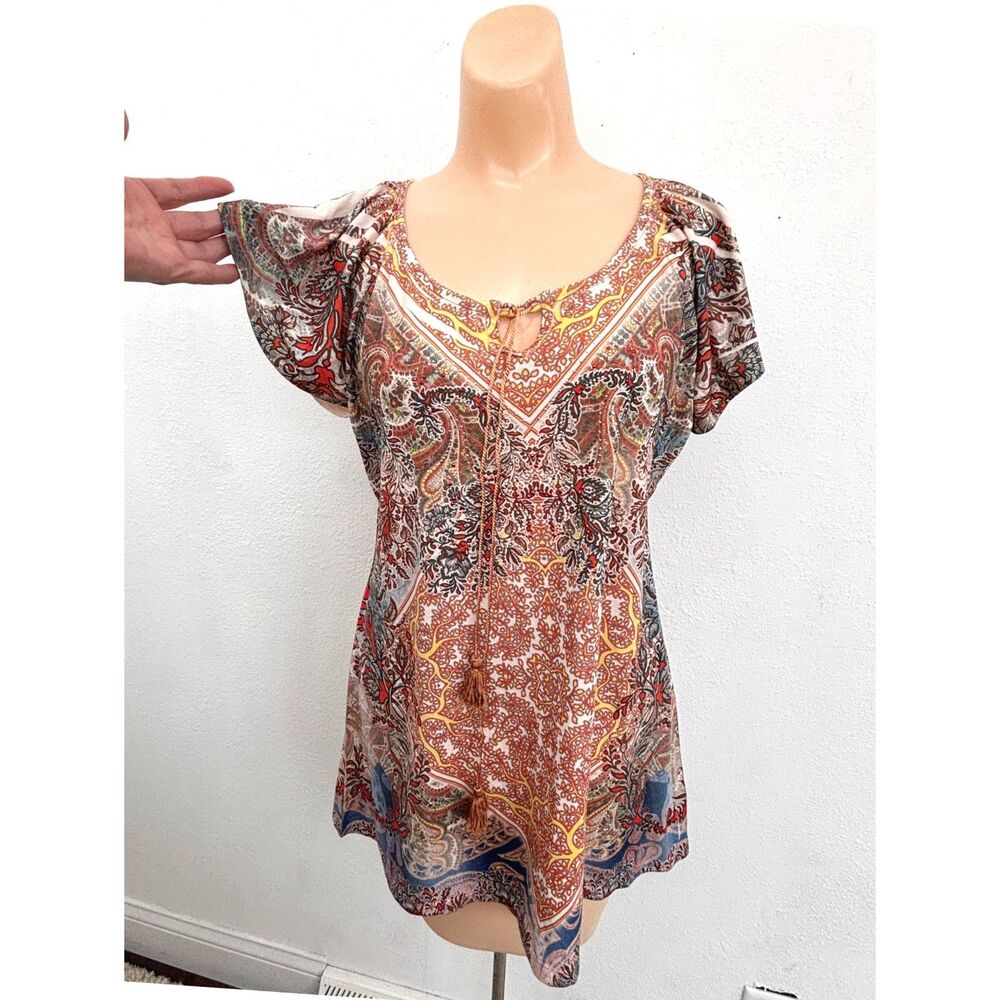 One World Live Let Live Boho Top Small Tunic Eclectic Hippie Cottage Coquette